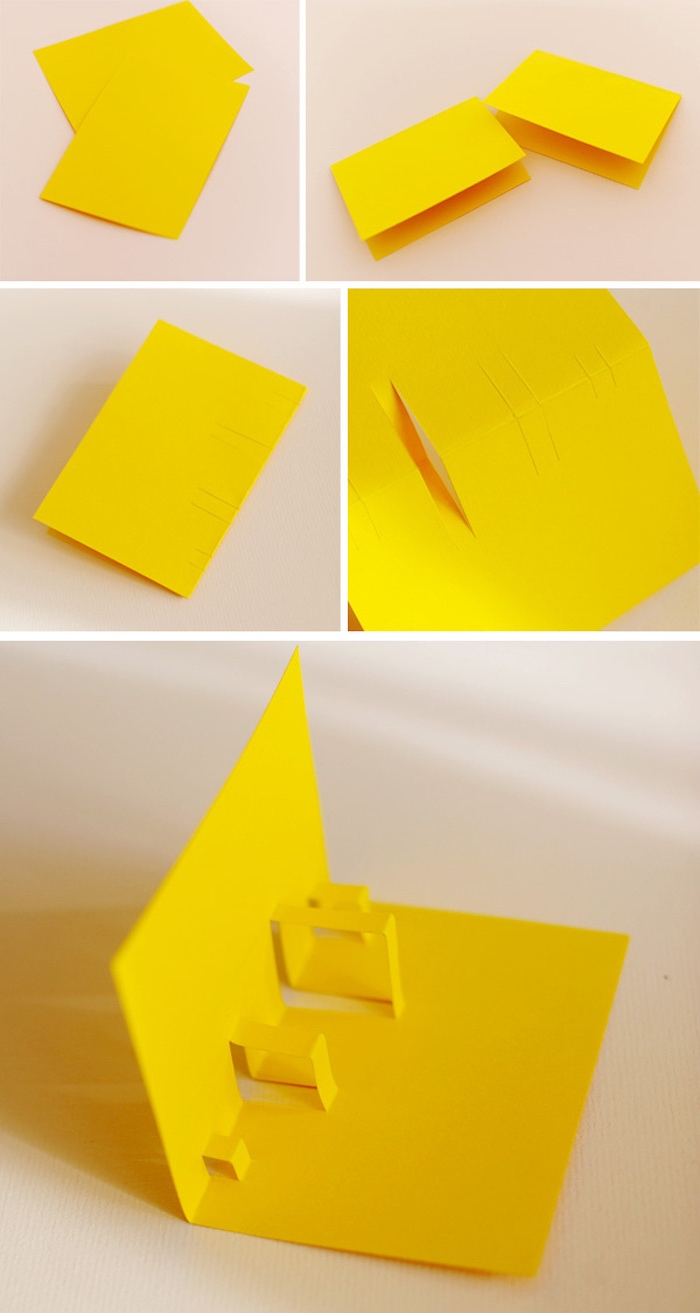 eine pop up karten anleitung schritt für schritt, eine gelbe gefaltete pop up karte aus papier, bastelideen mit papier