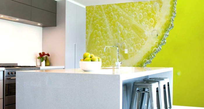 eine bildschöne Darstellung von Zitrone, eine grüne Wand, Wandtattoo Küche