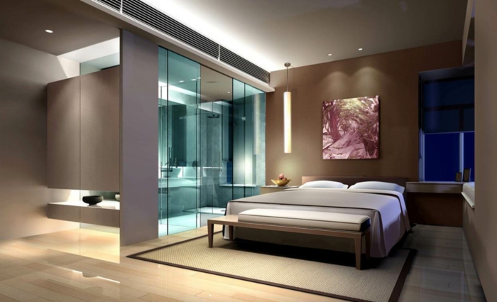 elegantes zimmerdesign, luxuszimmer mit bad, feng shui schlafzimmer, wanddeko, bild, dekoration, doppelbett