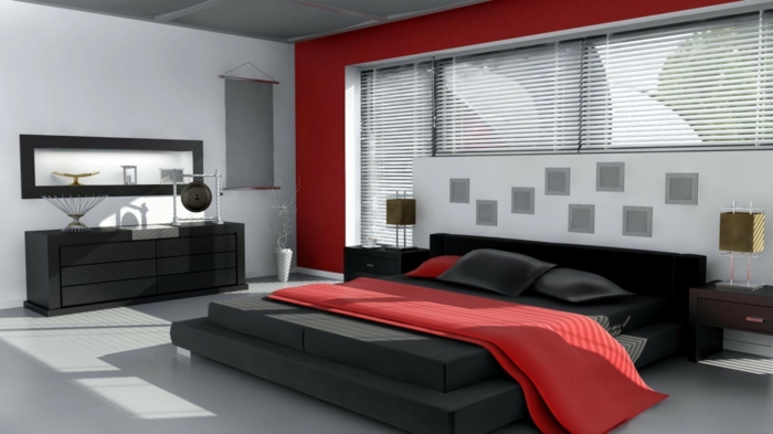 schlafzimmer bett in schwarzer und roter farbe, zimmerdesign klassische farbkombinationen, rot schwarz weiß