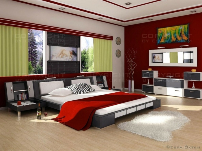 zimmerdesign in rot, grün und weiß, naturnahe gestaltung in warmen farben, schlafzimmer bett, groß und gemütlich