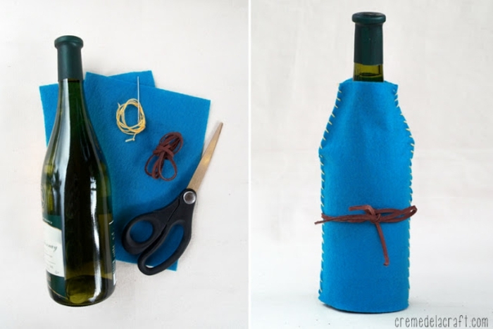 alles, was Sie brauchen, um diese Verpackung zu nähen, Flasche einpacken in blauer Farbe