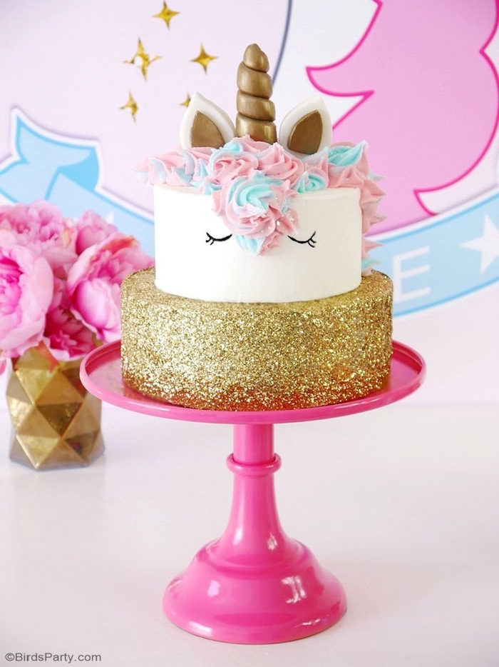 Einhorn Torte mit goldenem Glitzer, Geburtstagstorte für Mädchen