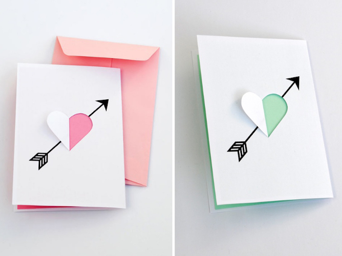 geburtstagskarte basteln, rosa briefumschlag, grünes und weißes papier, herz mit pfeile