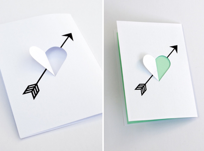 geburtstagskarten selber machen, weißes und grünes papier, herz mit pfeile, herzform