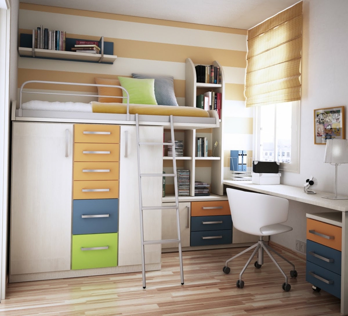 Hochbett mit Leiter, kompakter Schreibtisch, Kinderzimmer Ideen für kleine Räume