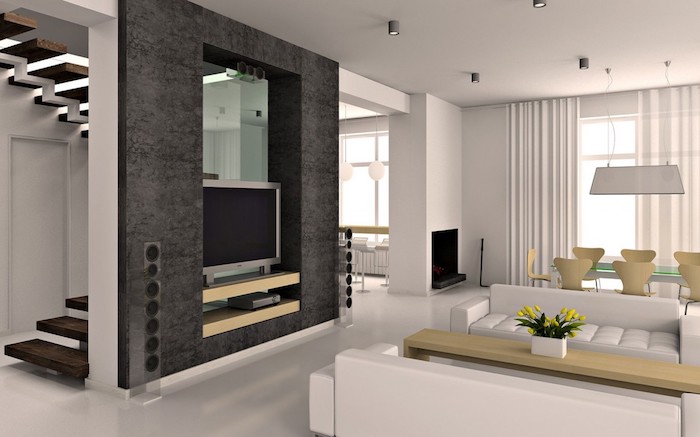 schlafzimmer grau durch treppe mit dem wohnzimmer verbinden, dachzimmer, fernsehwand idee, sofas