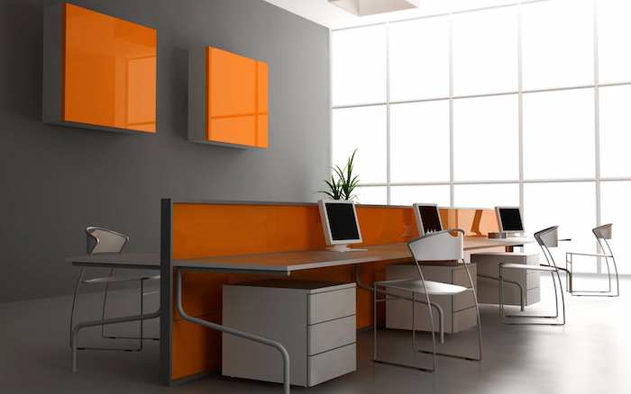 zimmer grau und orange, atmosphäre im büro frisch wirken lassen, elegant, hilft zur konzentration, computer