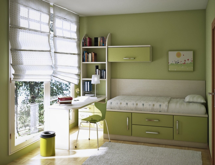 kleines Bett in grüner Farbe, Rollos an den Fenstern, Jugendzimmer Ideen für kleine Räume