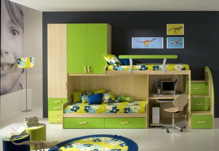 ein System zur Raumteilung in grüner Farbe für zwei Geschwister, Kinderzimmer Ideen für kleine Räume