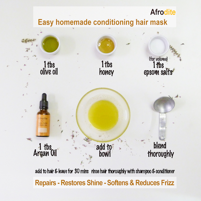 haare schneller wachsen lassen, olivelöl, honig, salz, arganöl, zutaten in schussel vermischen