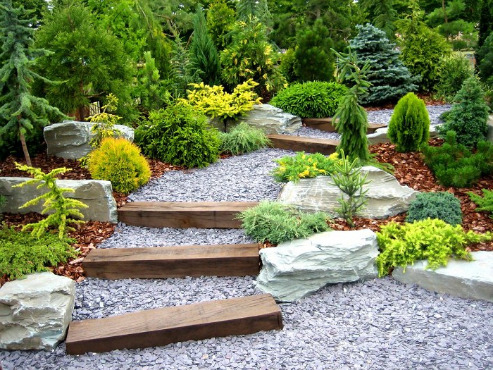 Treppen voller Kies, Grün an den beiden Seiten des Gartensweges, Garten verschönern