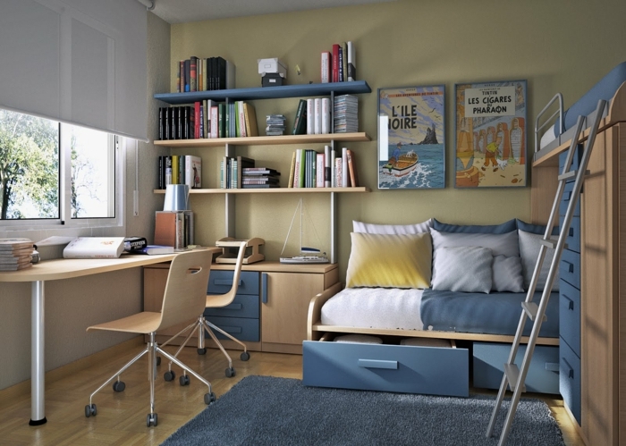 ein Schreibtisch mit Platz für zwei Schüler, Etagenbett, Kinderzimmer Ideen für kleine Räume