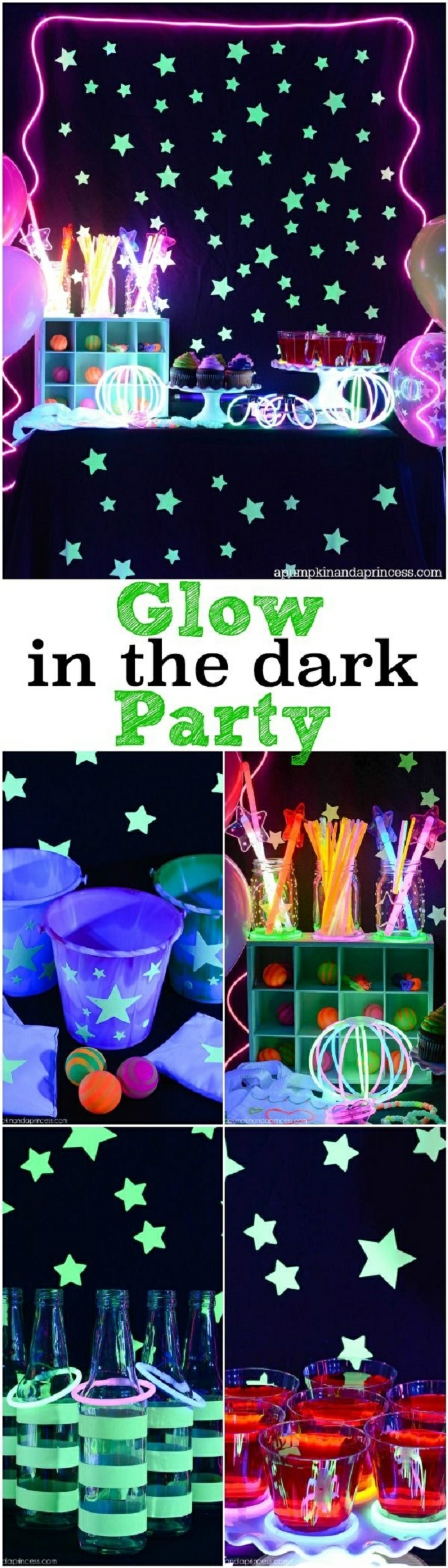 18 geburtstag deko idee, glow in the dark party zu hause veranstalten, leuchtende dekorationen, sterne, tassen, strohhalme