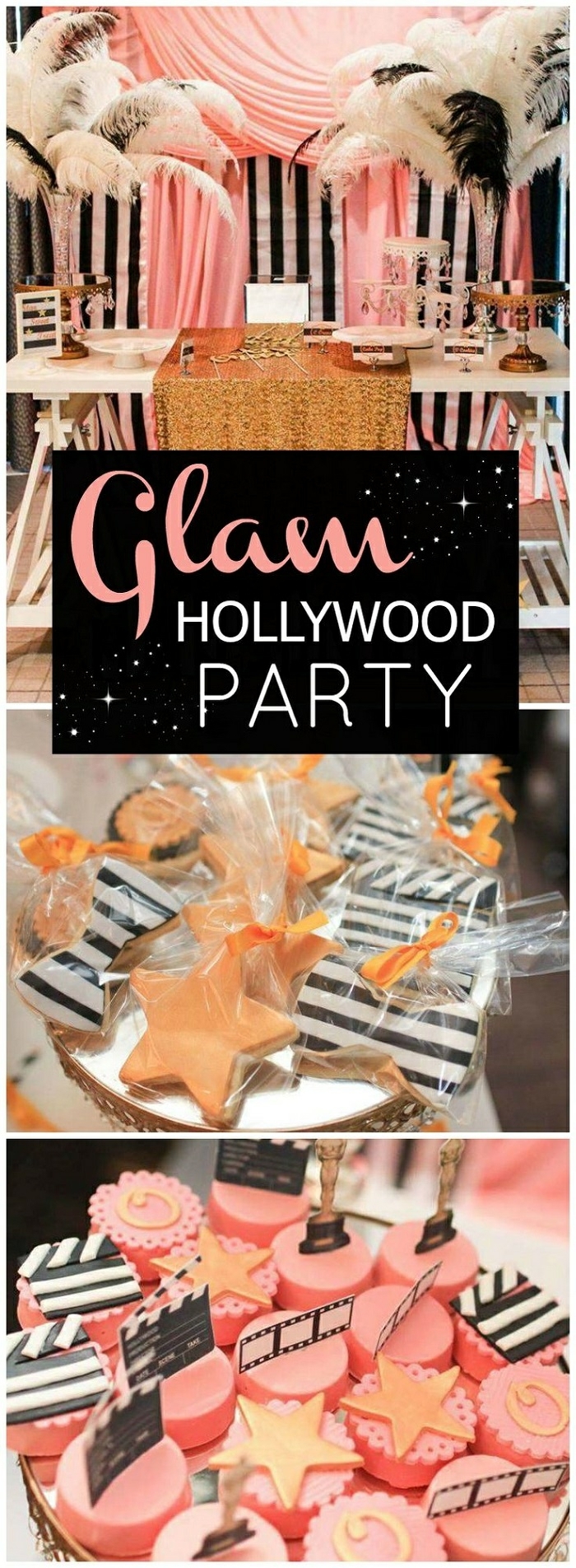 18 geburtstag deko bei einer holywood party in schwarz weiß und rosa, glamouröse partyidee, sterne kekse, feder deko