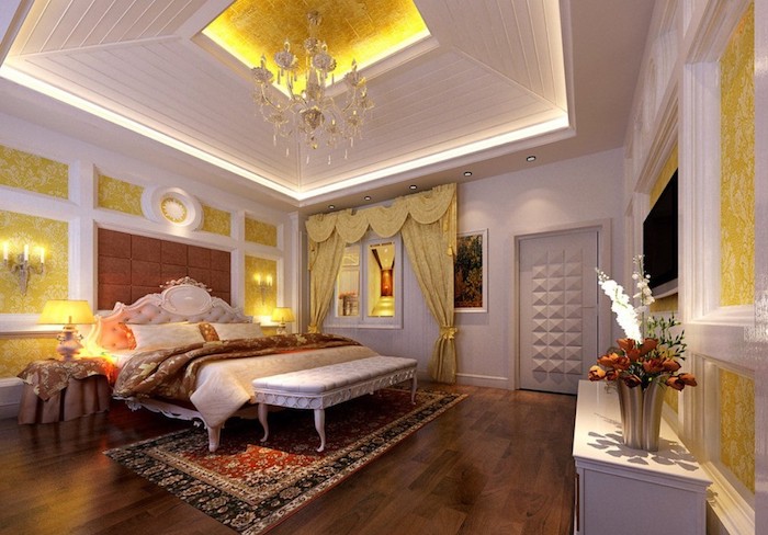 zimmer einrichten in arabischer stil, orientalisches zimmer, gelbe dekorationen, teppich, blumen