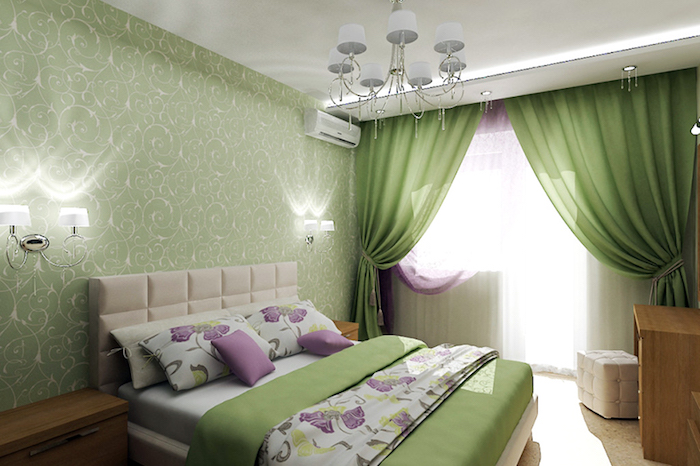 schlafzimmer einrichten ideen in grün und lila, zwei beruhigende farben, grüne vorhänge und wand, wandtapete