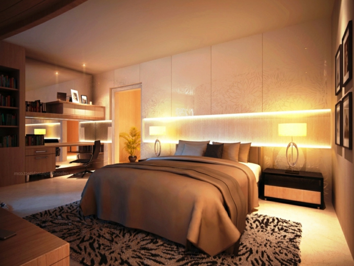 luxusgestaltung von einem feng shui bett, samt und seide, traumteppich, beleuchtung im schlafzimmer