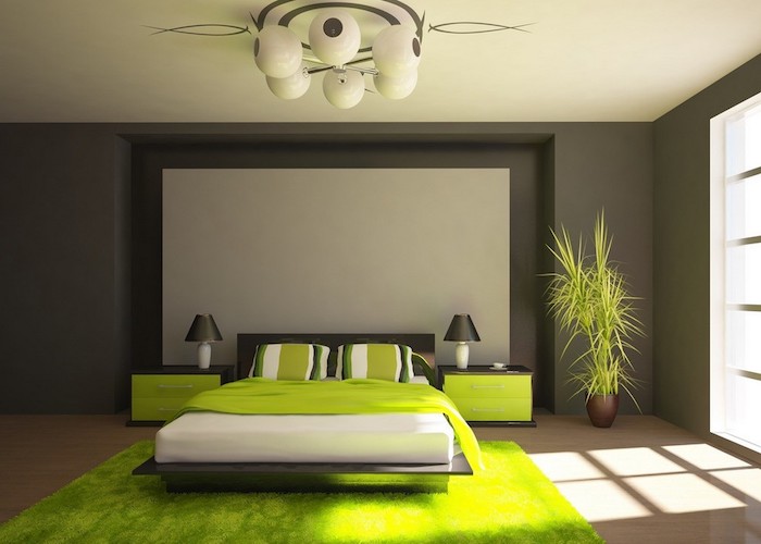schlafzimmer grau mit grünen akzenten, grün und grau zu einem erholsamen und schönen flair zu hause, grüne pflanze, doppelbett