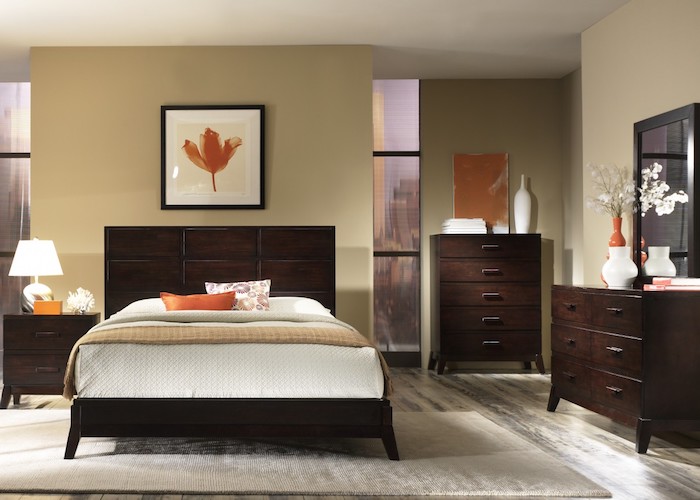 schlafzimmer modern dekorieren in warmen farben, orange, beige, weiß, braun, wanddeko bild mit blatt