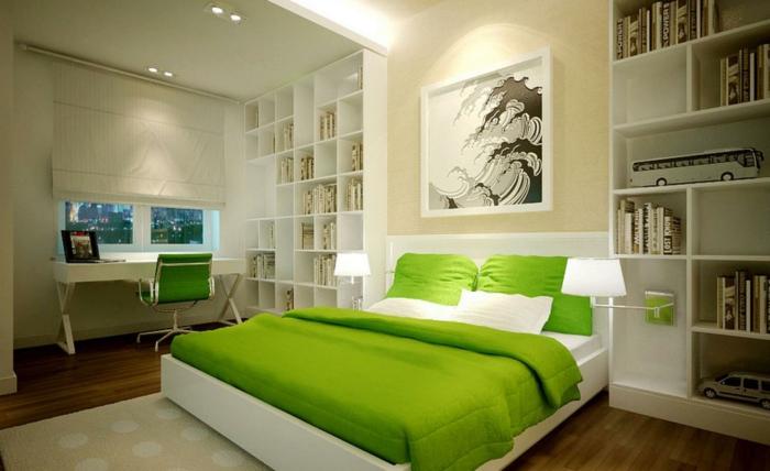 grüne und weiße schlafzimmer farben feng shui, viele kleine regale an der wand, kreative gestaltung