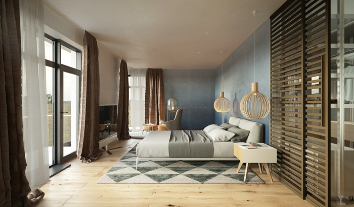 schlafzimmer farben feng shui, zimmergestaltung schön und angenehm, vorhänge zweischichtig braun und weiß