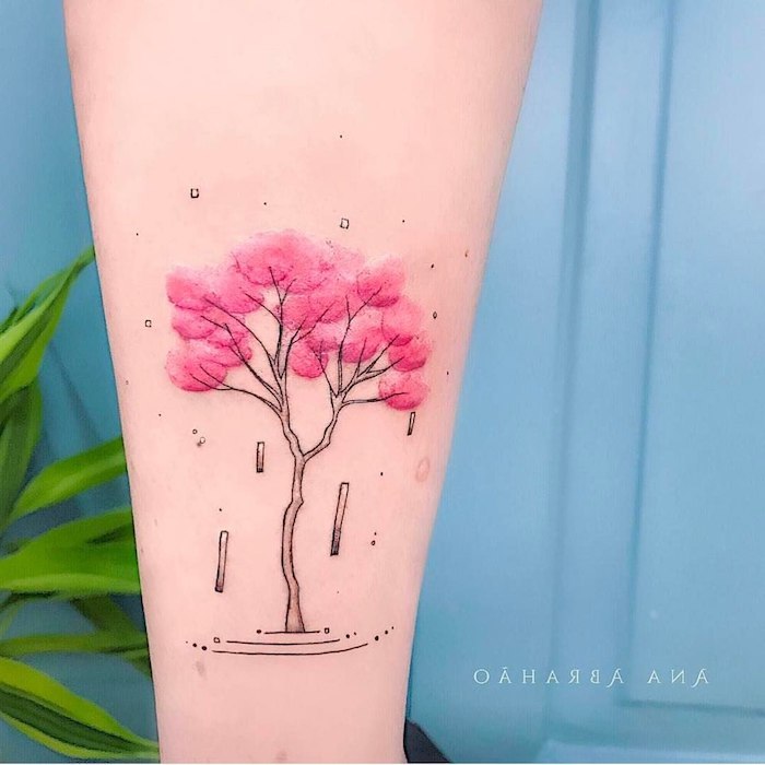Idee für farbiges Tattoo, blühender Baum in Rosa, Bein Tattoos für Frauen