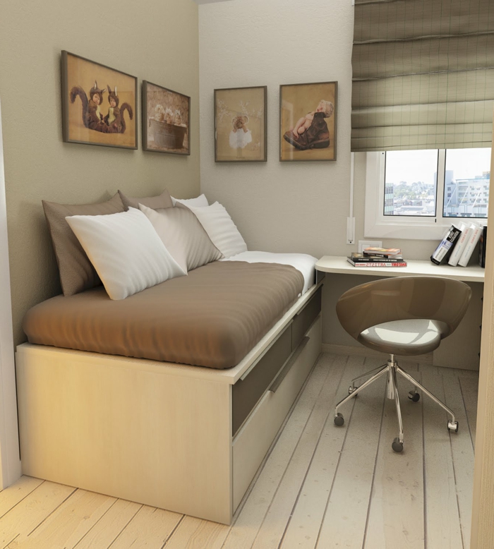 vier Bilder in brauner Farbe, ein Bett mit kleinen Kissen, ein praktischer Schreibtisch, kleines Zimmer einrichten