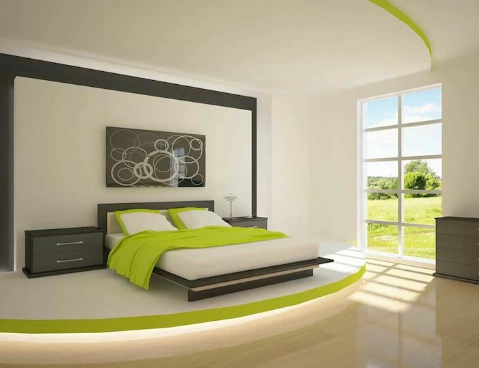 welche farbe passt zu braun, hier sehen sie grün und grau, sie passen gut zum braunen, schlafzimmer design, doppelbett, wandgestaltung idee
