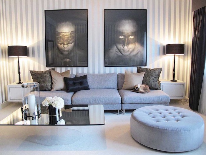 welche farbe passt zu braun, wandbilder in braun, grau, bodenkissen, sofa, cooles modernes zimmerdesign