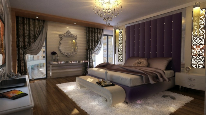 schlafzimmer bild über bett, teppich weiß, vorhänge dunkel zum ruhigen schlaf, lila wand hinter dem bett