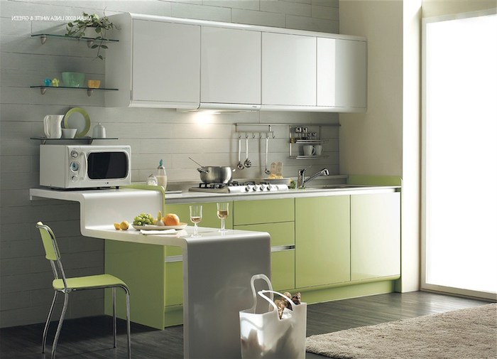 was passt zu grau, hier ist eine idee für stilvolle küche im design grau und hellgrün, mikrowelle, stuhl, barplott