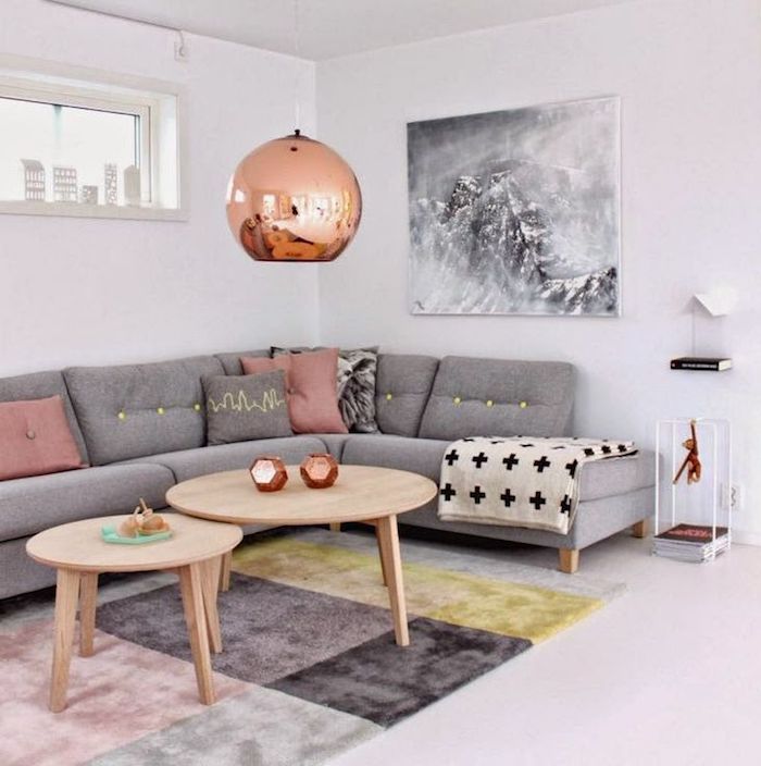 graues wohnzimmer einrichten und dekorieren mit schönen elementen rosegoldene dekorationen, weiß schwarz, ikea möbel