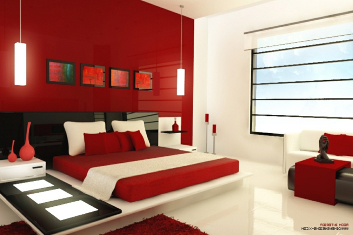 spiegel im schlafzimmer, rot weiß und schwarz schlafzimmer ideen, rote wand, schlafzimmer wanddeko bilder, lampen