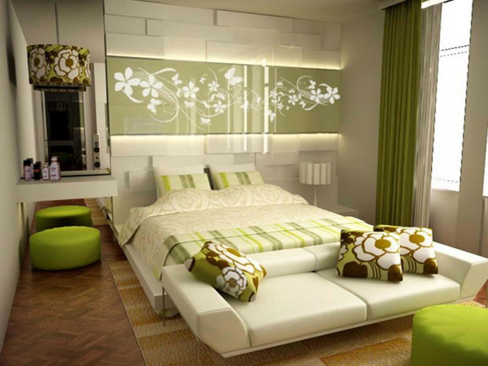 welche farbe fürs schlafzimmer, weiße möbel, grüne deko ideen wand hinter dem bett