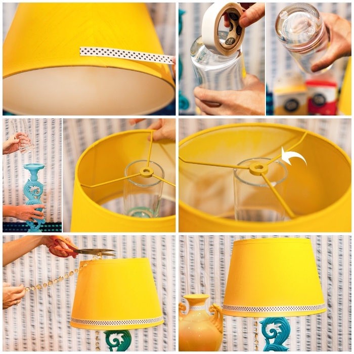 lampenschirm papier, stehlampe machen, gelbes papier mit washi tape dekorieren, tischlampe