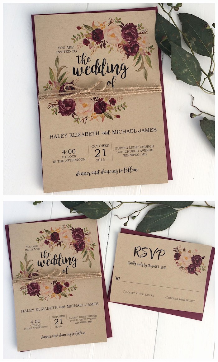 einladungskarten hochzeit vintage, brauenes papier, hochzeitseinladungen im retro stil, rosen