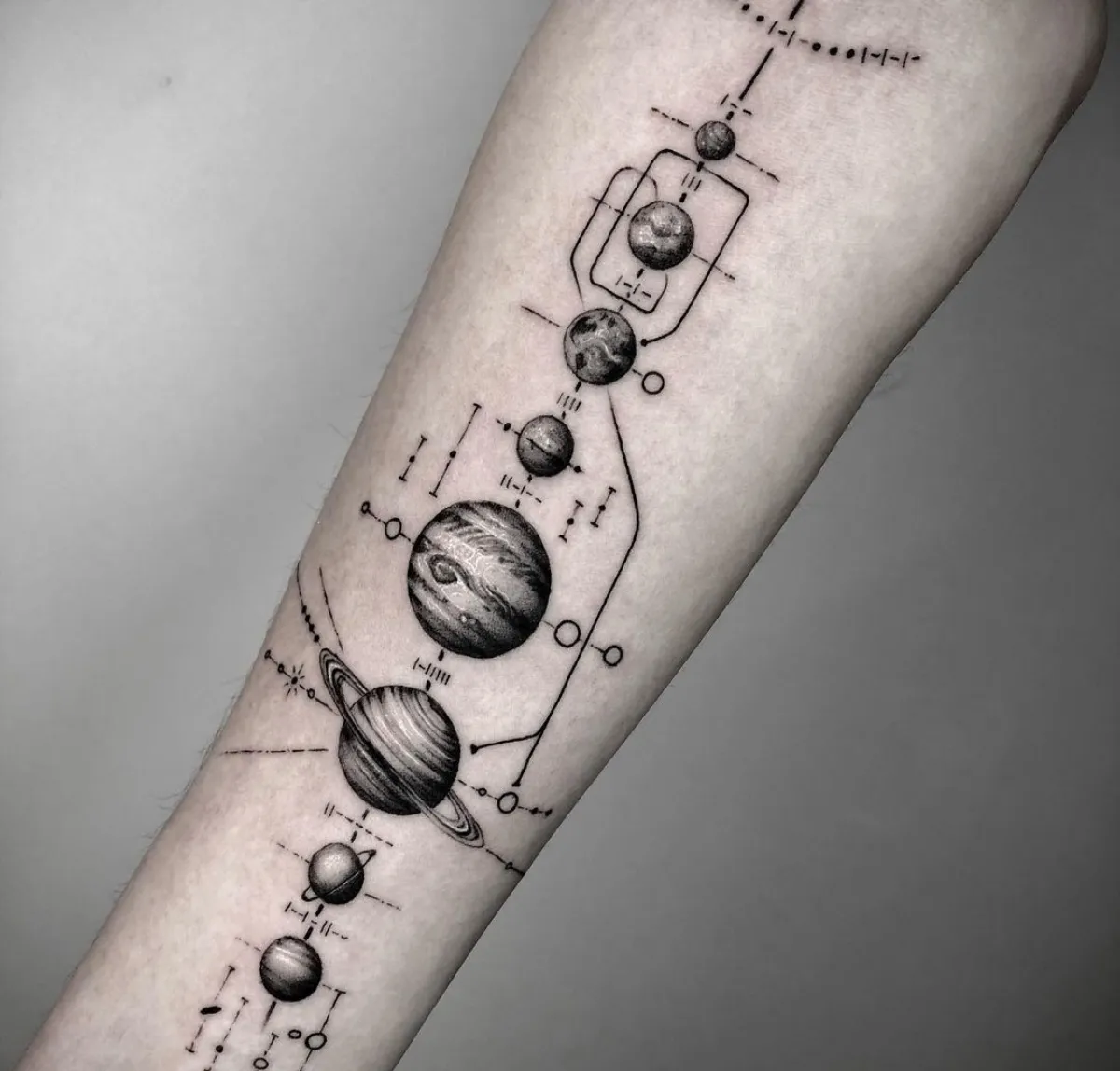 astrologisches tattoo motiv planeten am unterarm