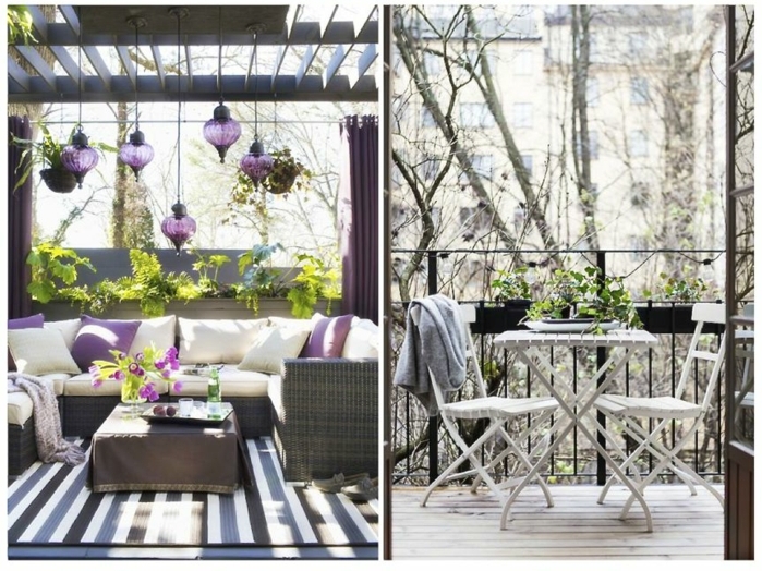 zwei schöne balkon ideen, lila deko, marokkanische lampen, dekokissen, blumen, teppich, rattansofa