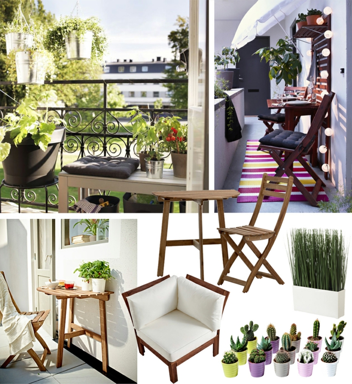 kleinen balkon gestalten, collage mit den passenden möbeln und ideen, kaktus blumen, stilvoller balkon