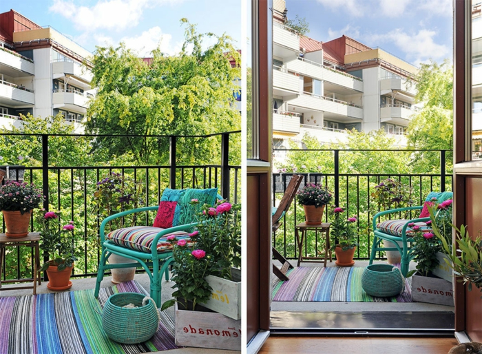 türkis sessel, bunte dekorationen, teppich, korb, deko ideen, balkonmöbel kleiner balkon