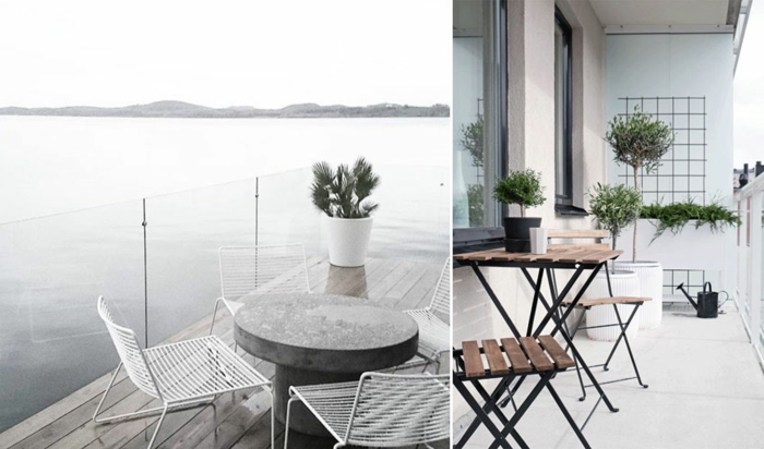zwei ideen im skandinavischen stil zum thema balkon gestalten, einfach und elegant, grau. weiß und schwarz, möbel ideen