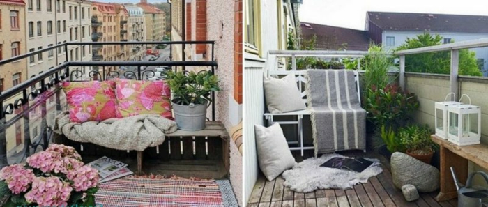balkonmöbel für kleinen balkon ideen in rosa oder weiß und grau, pflanzen deko 