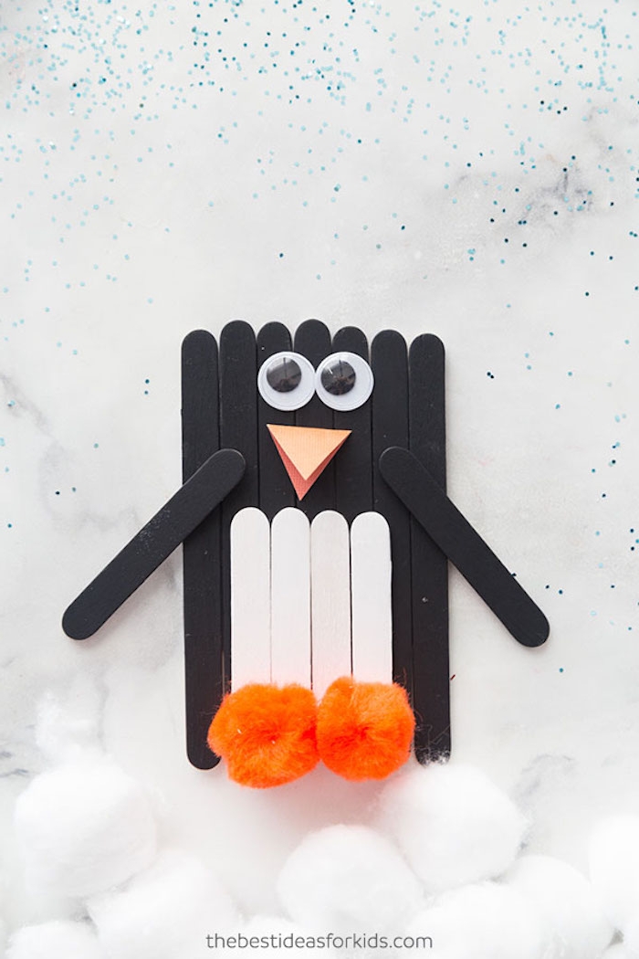 Pinguin aus Holzstäbchen selber basteln, DIY Idee für Kinder und Eltern