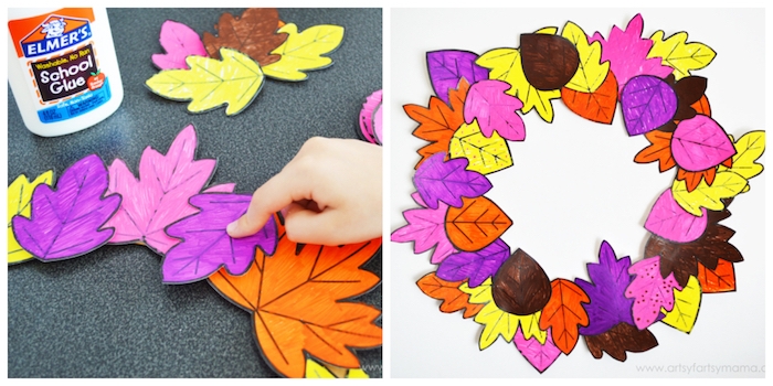Herbstblätter aus Papier ausschneiden und bemalen, Bunten Kranz für die Tür selber machen
