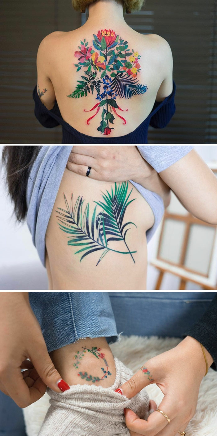 tattoo ranke, drei tattoos auf einem bild, inspirierende tattoo ideen mit farben