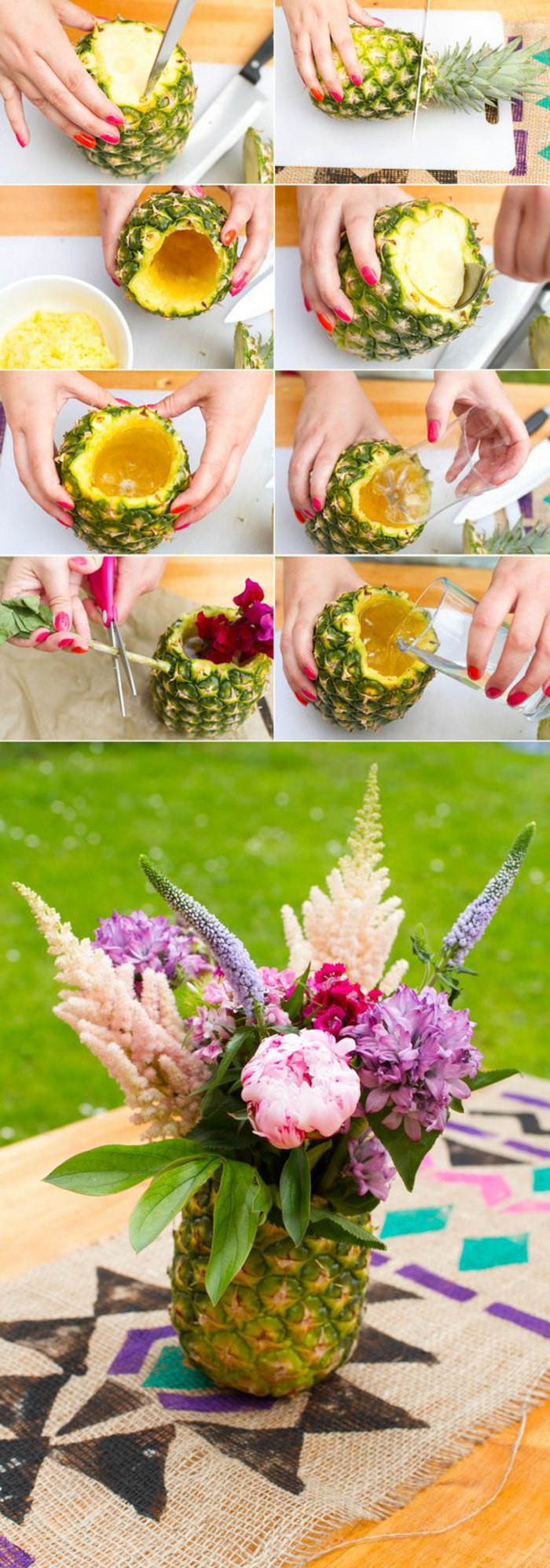 tischdeko geburtstag, frische idee mit ananas und blumen, eine exotische motivparty veranstalten und richtig dazu dekorieren, ananas als vase für die blumen