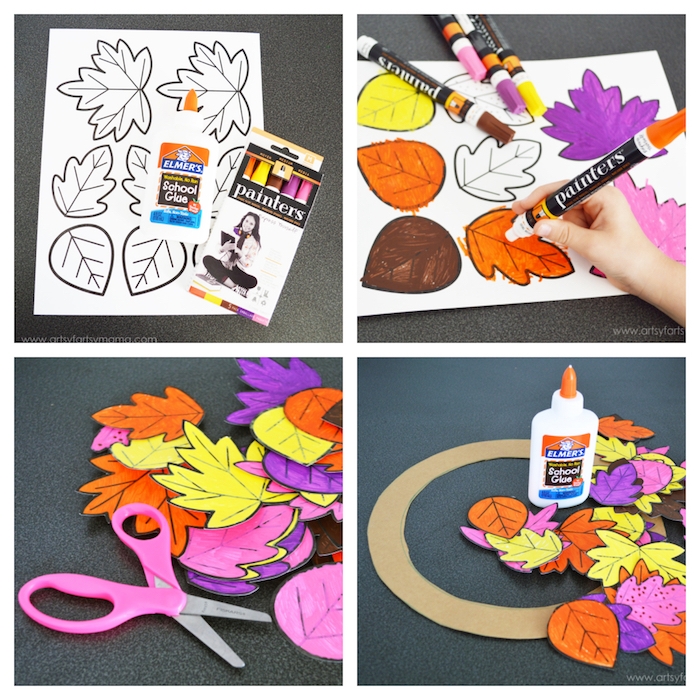 Basteln mit Kleinkindern, Kranz mit Herbstblättern aus Papier selber machen, Anleitung in vier Schritten