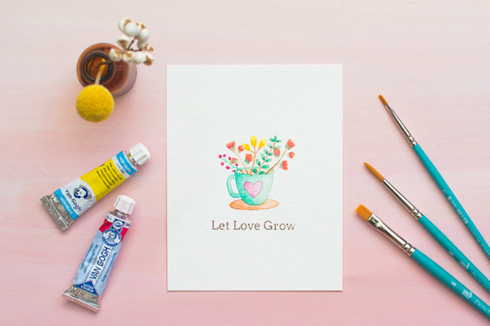 Hochzeitskate selbst gestalten, Wasserfarben und Pinsel, Blumen zeichnen, let love grow