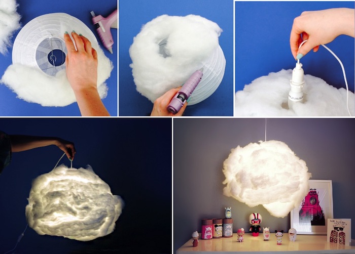 diy lampenschirm aus papierlaterne und baumwolle, kinderzimmer deko, wolke